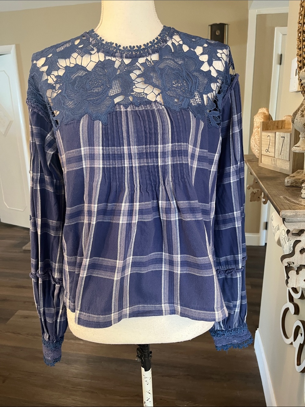 Free People Navy Plaid Long-Sleeve Top with Lace Yoke
